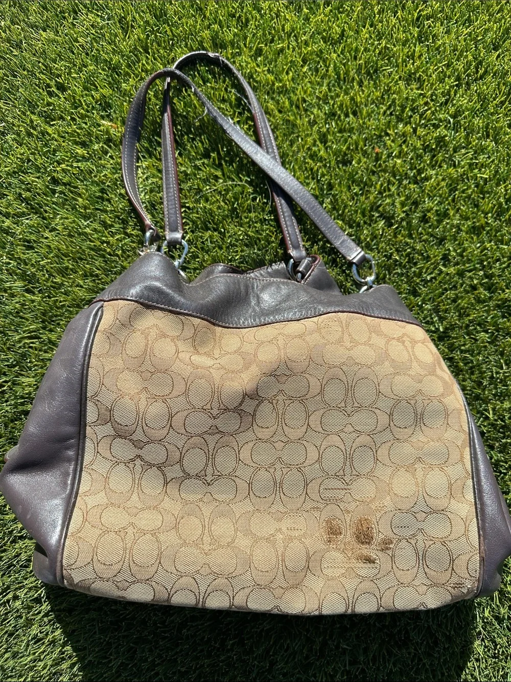 Well Loved Coach Khaki Signature Canvas Shoulder Tote with Brown Trim